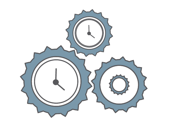 icon of three interlocking gears with two of them having time faces in the center